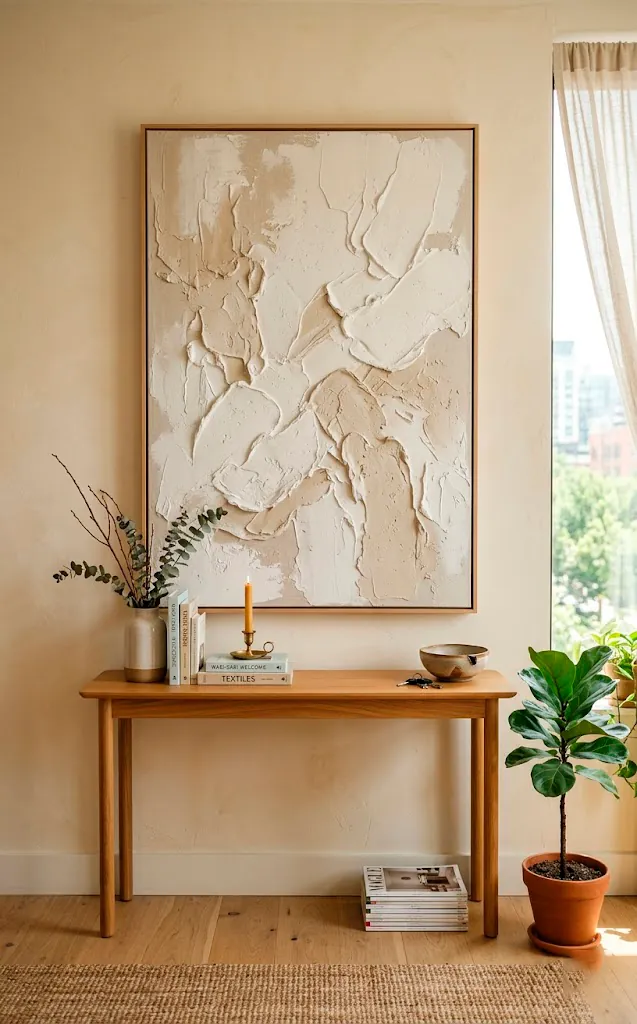 Massive piece of textured white and beige impasto canvas art over a sleek console