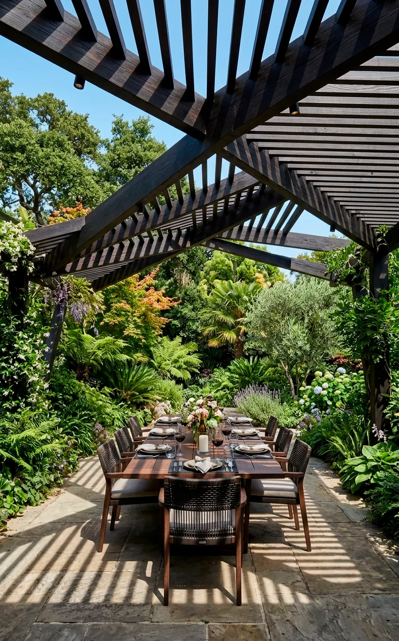 Modern asymmetrical dark wood pergola over an outdoor dining area.