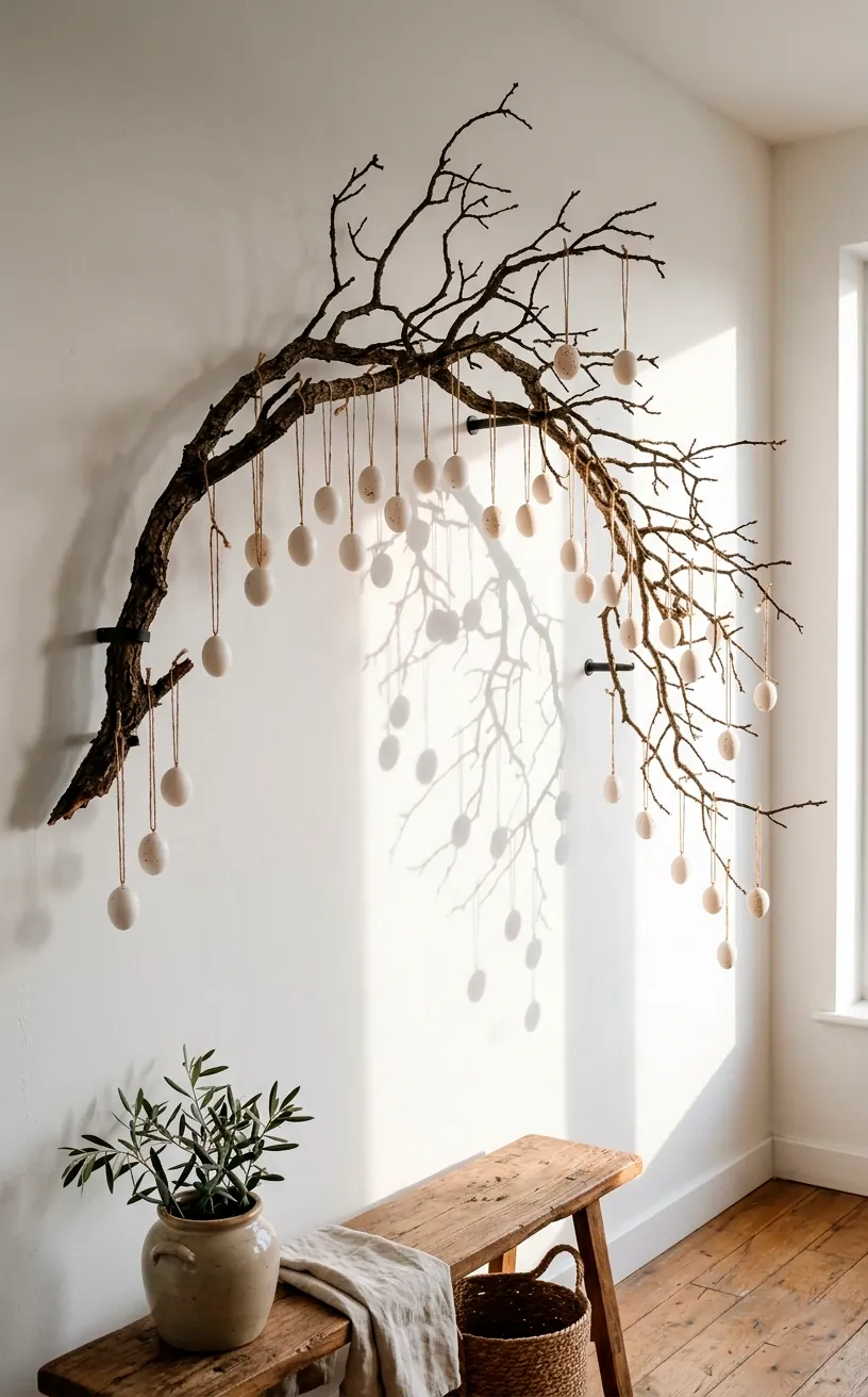 Large single arched branch mounted on a white wall decorated with hanging white eggs.