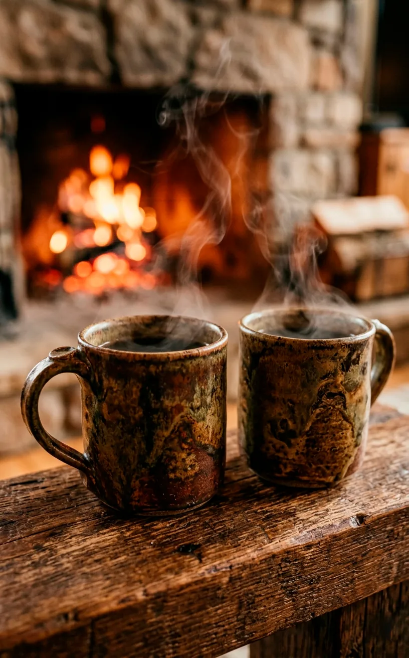 Two steaming earthy artisan ceramic mugs resting on a rustic wooden fireplace mantel.