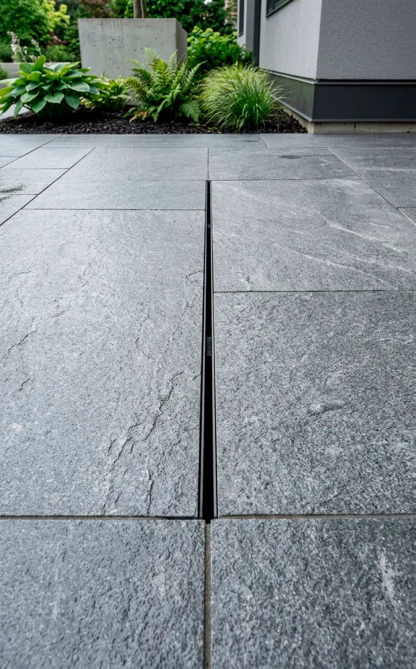 Close up of an invisible slot drain seamlessly integrated into modern grey patio pavers.