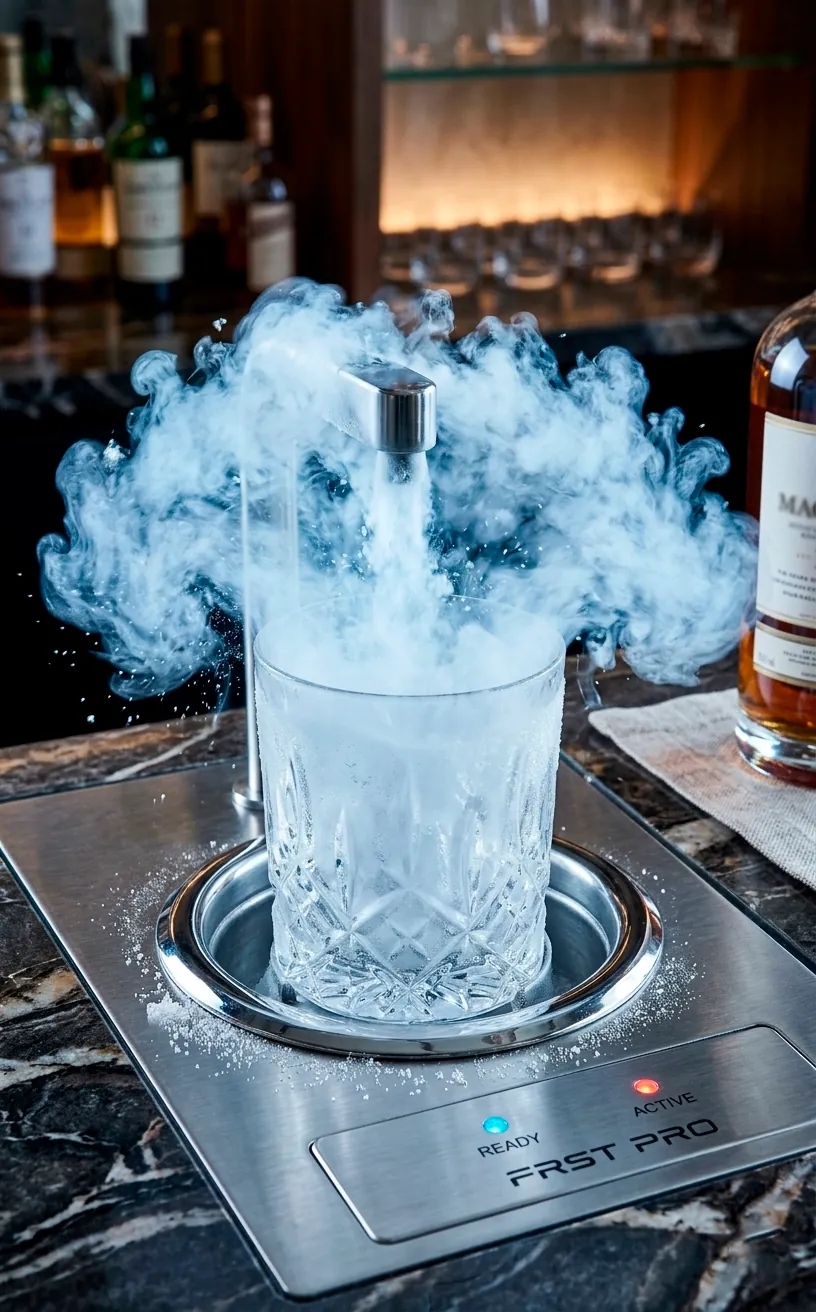 An integrated glass chiller flash-freezing a crystal cocktail glass with a frosty burst of CO2 gas.