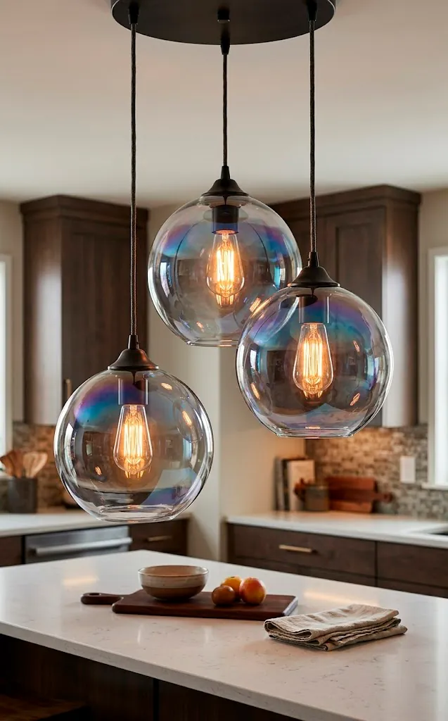 Three iridescent globe pendant lights with holographic finish hanging over a kitchen island.