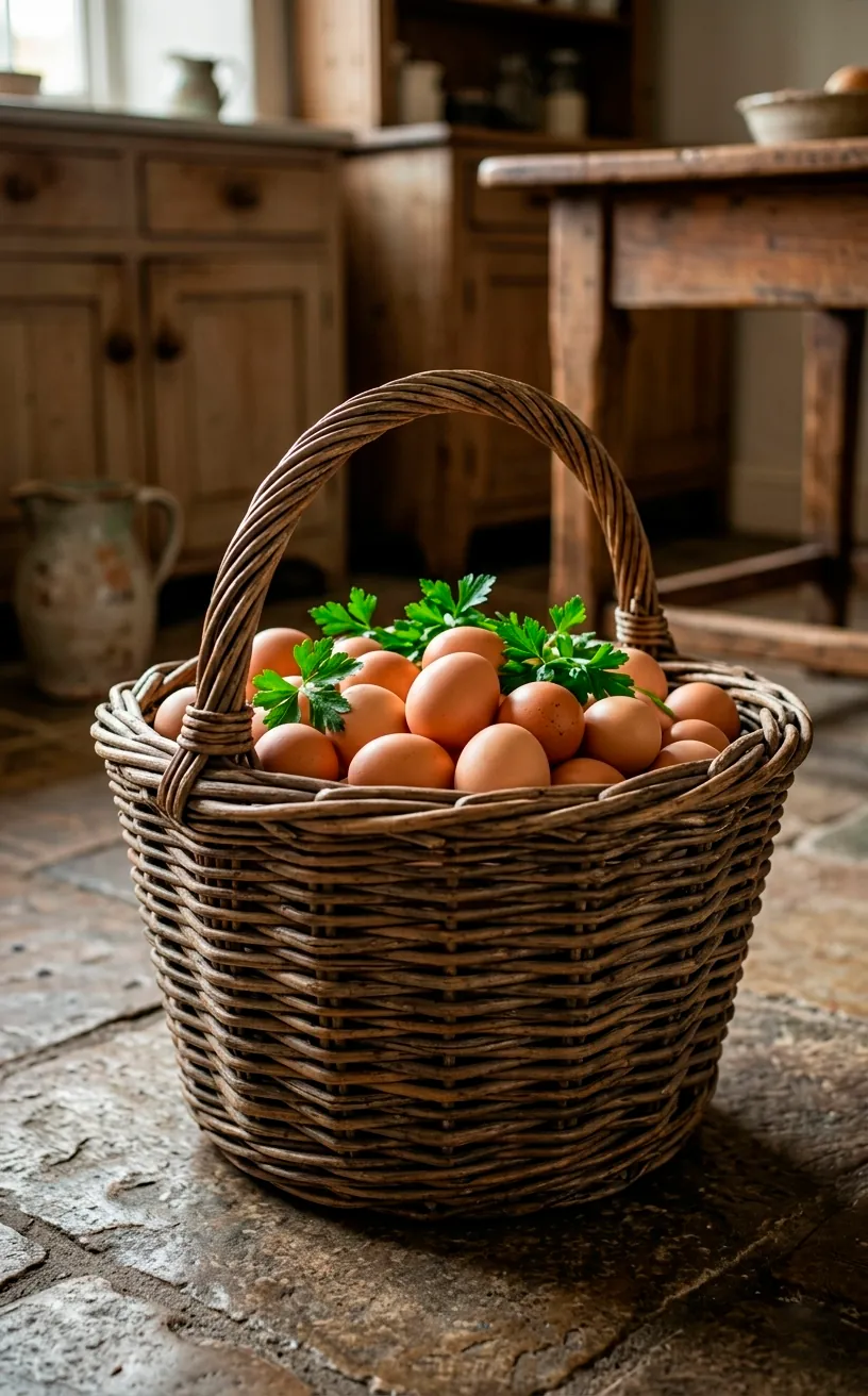 Large woven willow basket on a stone floor filled with fresh eggs and herbs.