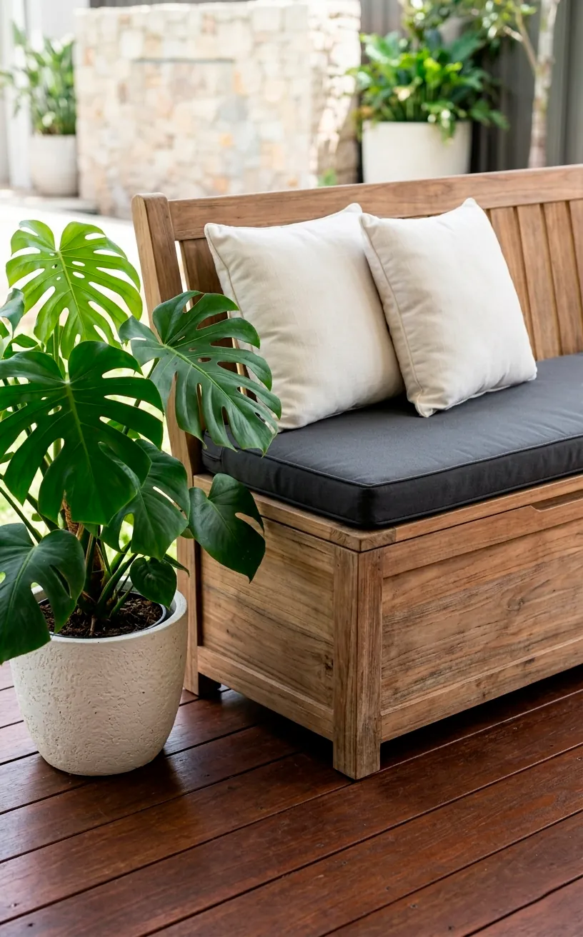 A premium teak outdoor storage bench with a charcoal cushion and decorative pillows.