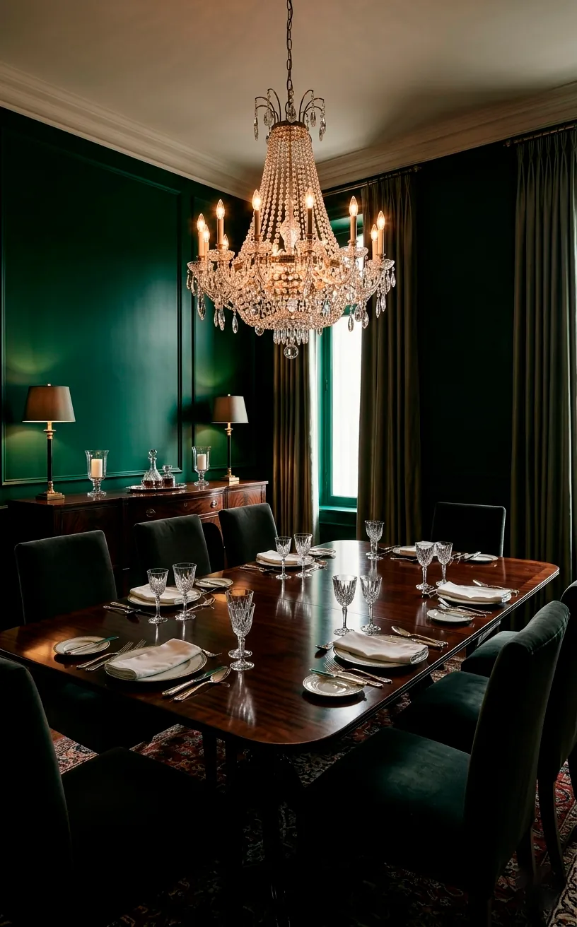 Dark emerald green dining room with a polished mahogany table under a glittering crystal chandelier.