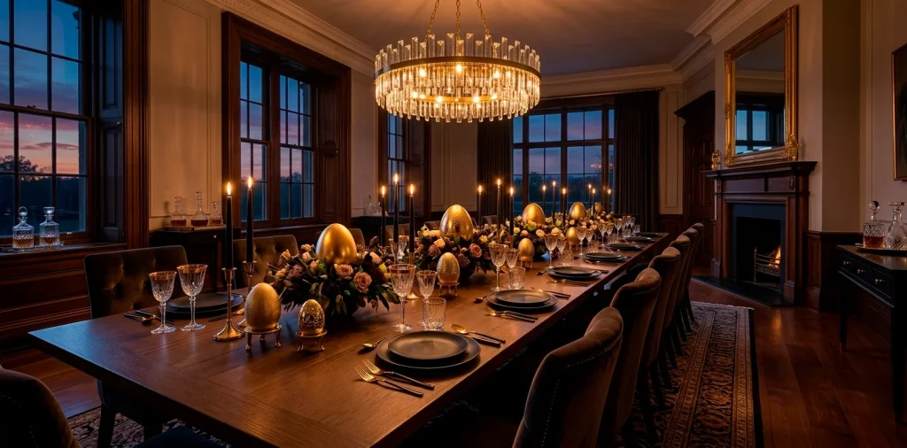 Dramatic black and gold formal Easter tablescape in a luxury dining room with warm lighting.