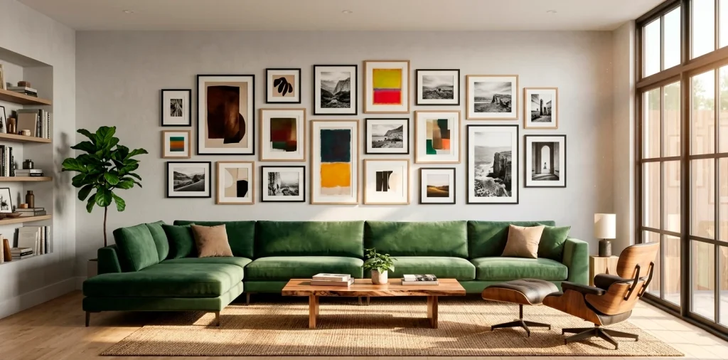 Wide panoramic view of a professionally balanced art gallery wall in a bright modern living room.