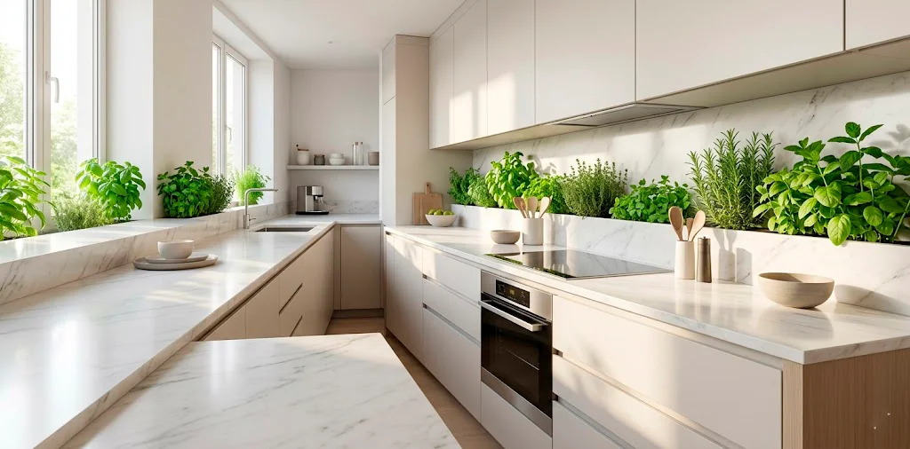 Clean modern kitchen with pristine marble counters and completely discreet self-watering herb planters.