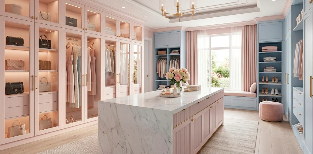 Luxurious pastel dressing room closet with a white marble center island and soft sunlight