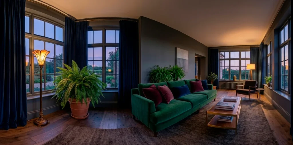 Wide view of a moody sunroom with deep velvet furniture and moody twilight lighting for a luxe aesthetic.
