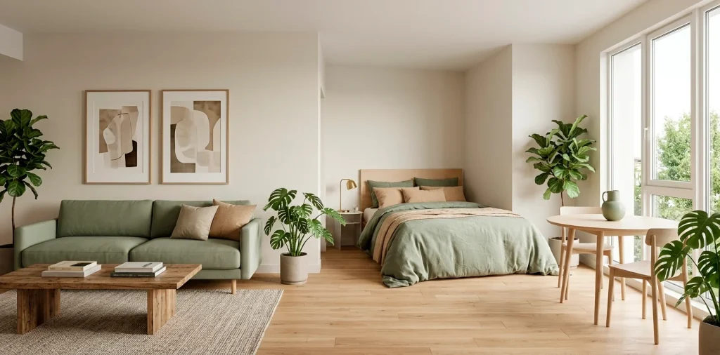 Cohesive holistic studio apartment interior with modern furniture and natural lighting.
