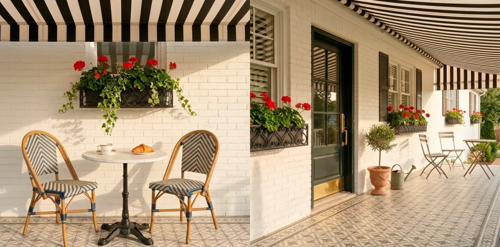 Chic Parisian bistro setup on a small front porch with marble table, woven chairs, and striped awning.