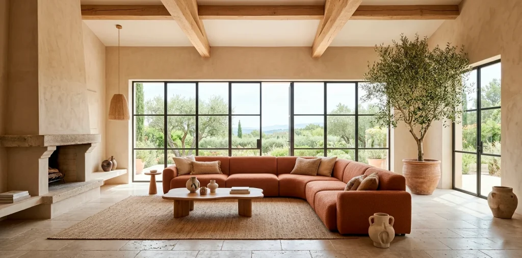 Organic modern living room featuring warm terracotta sofa, raw wood beams, and sandy beige plaster walls.