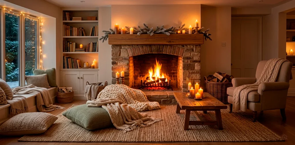 A cozy hygge living room featuring a crackling fireplace surrounded by blankets, candles, and floor cushions.