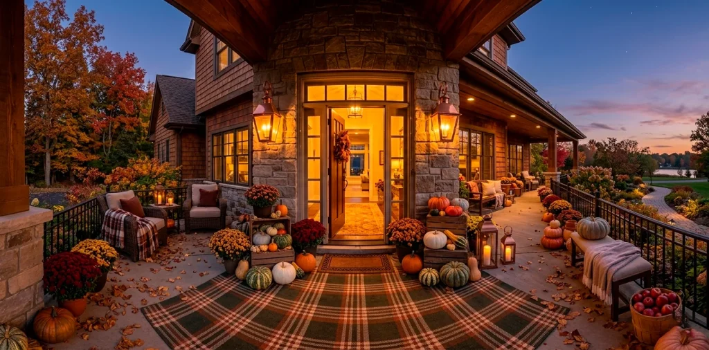 A luxurious wide-angle autumn porch scene featuring glowing lanterns and heirloom pumpkins at dusk.