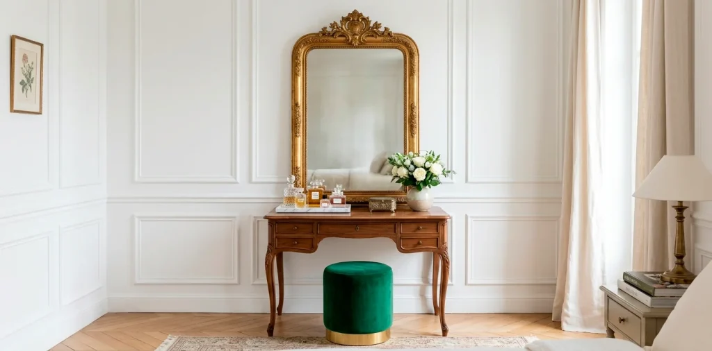 Luxurious wide horizontal shot of a Parisian-inspired makeup vanity setup with an ornate gold mirror.