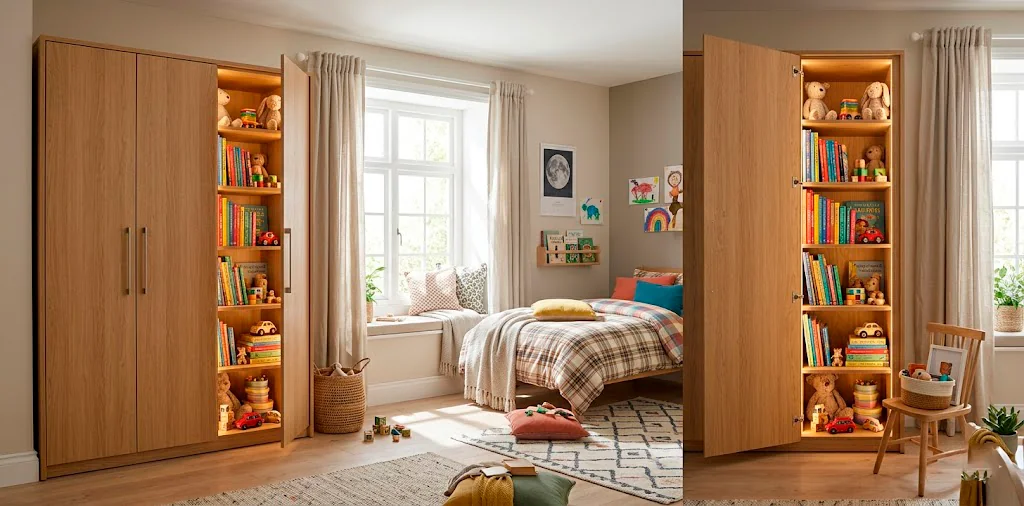 Wide view of a modern kids bedroom wardrobe featuring a cleverly disguised pull-out side compartment for toys