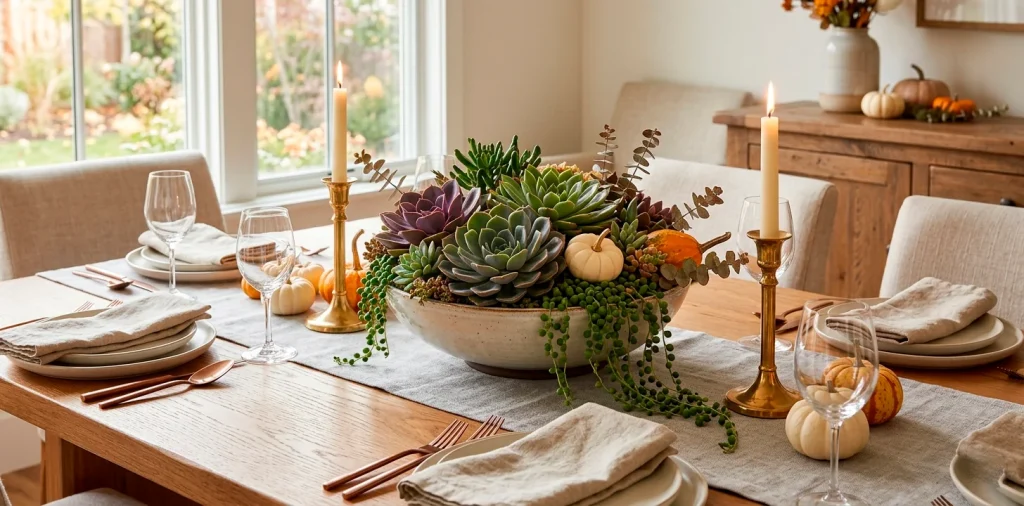 A wide view of a modern Thanksgiving dining table decorated with a lush living succulent centerpiece and white pumpkins.