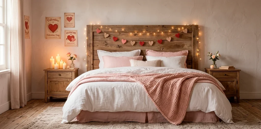 Cozy farmhouse bedroom decorated for Valentine's day with pink bedding and rustic wood accents.