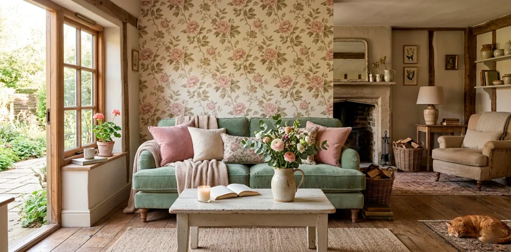Cozy cottage living room decorated with a sage green sofa, dusty rose pillows, and vintage floral wallpaper.