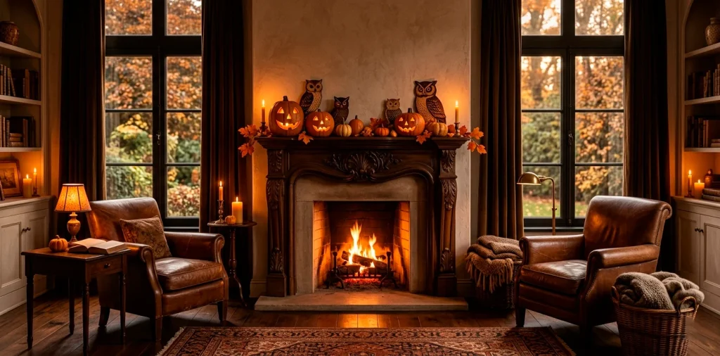 Elegant living room featuring authentic vintage Halloween decor on a glowing fireplace mantel