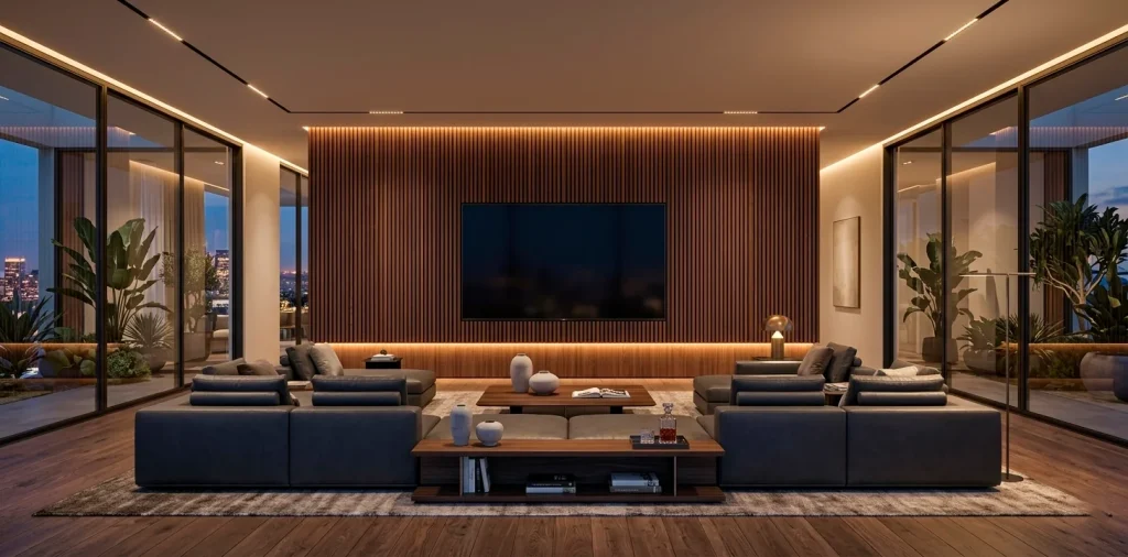 Wide view of a luxury living room featuring a beautifully illuminated backlit wood slat TV wall.