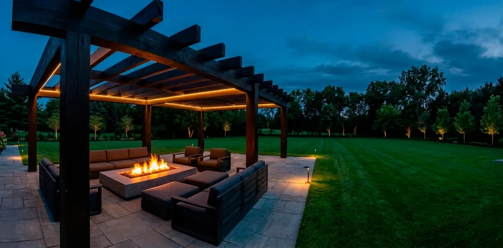 A luxurious modern patio featuring a large dark wood pergola and a glowing fire pit at twilight.