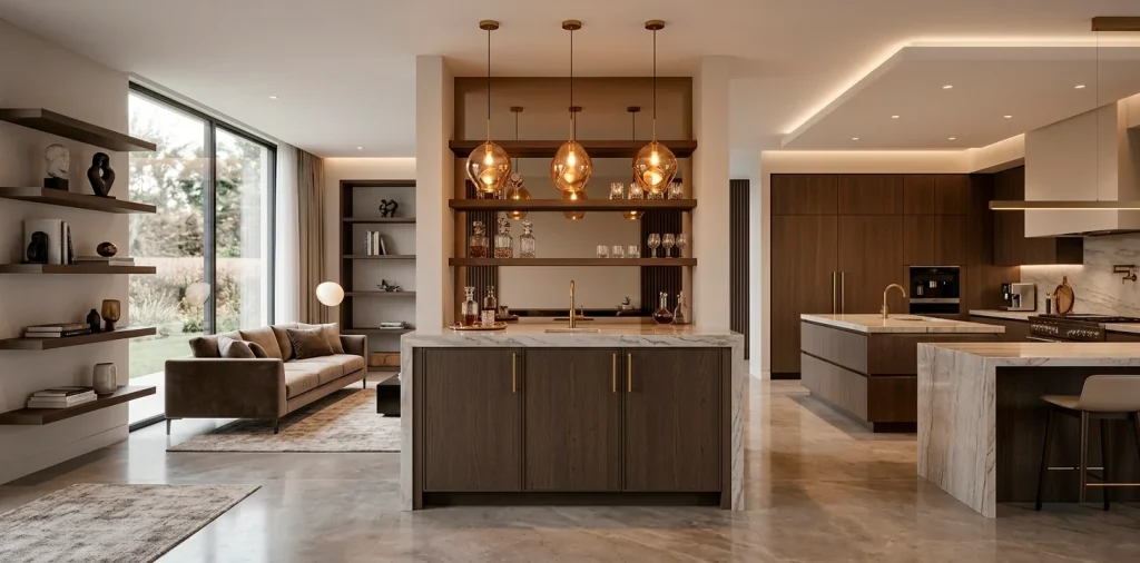 Luxurious modern home bar in an open floor plan transitional space with glowing lights and oak shelves