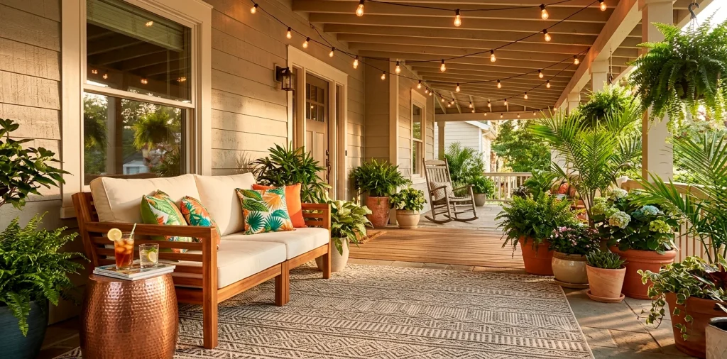 Beautifully styled summer front porch featuring plush acacia wood seating, vibrant geometric rug, and warm sunlight.