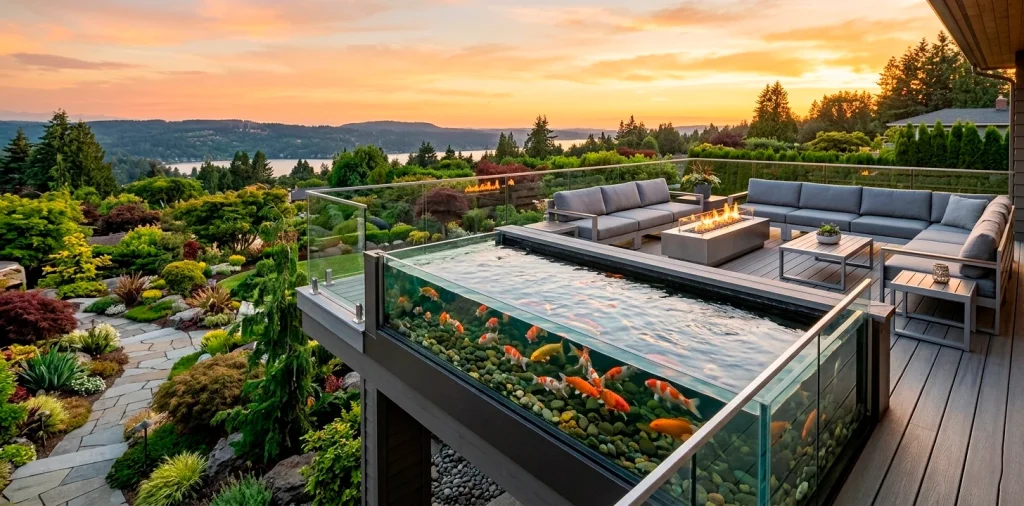Luxurious modern deck with an integrated elevated koi pond and glass panels at sunset.