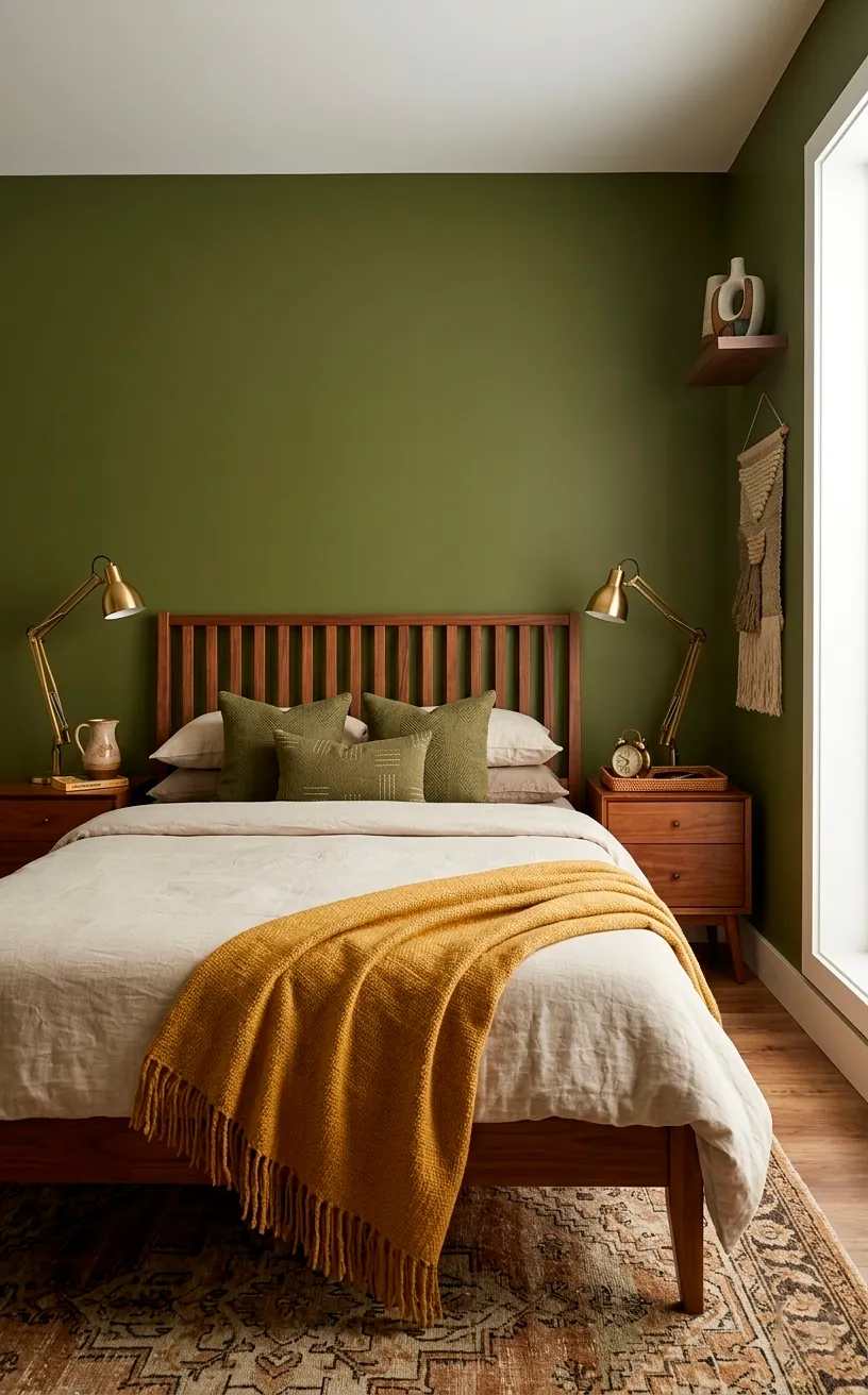 A mid-century guest room with an olive green wall, mustard yellow blanket, and walnut furniture.
