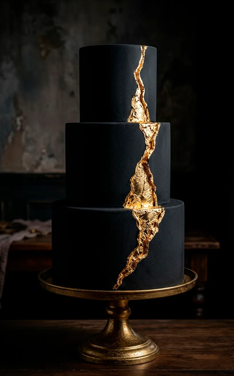 Minimalist matte black wedding cake with gold leaf accents.