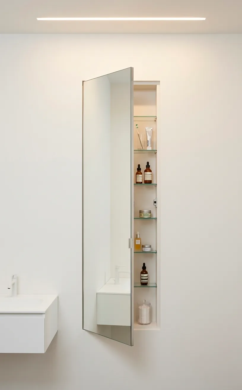 Recessed flush mount medicine cabinet mirror in a clean minimalist bathroom wall.
