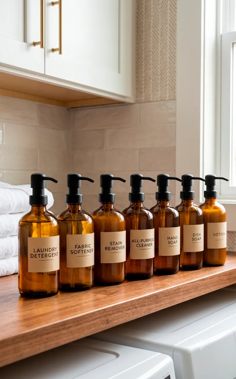 Amber glass refillable bottles on a shelf for zero waste small space apartment laundry routines.
