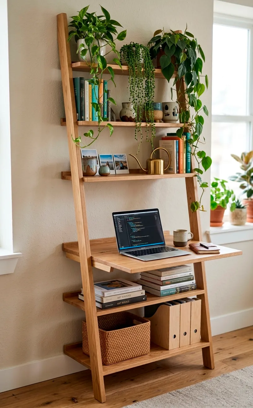 Wooden leaning ladder shelf with integrated fold-out desk and plants in a sunlit room.
