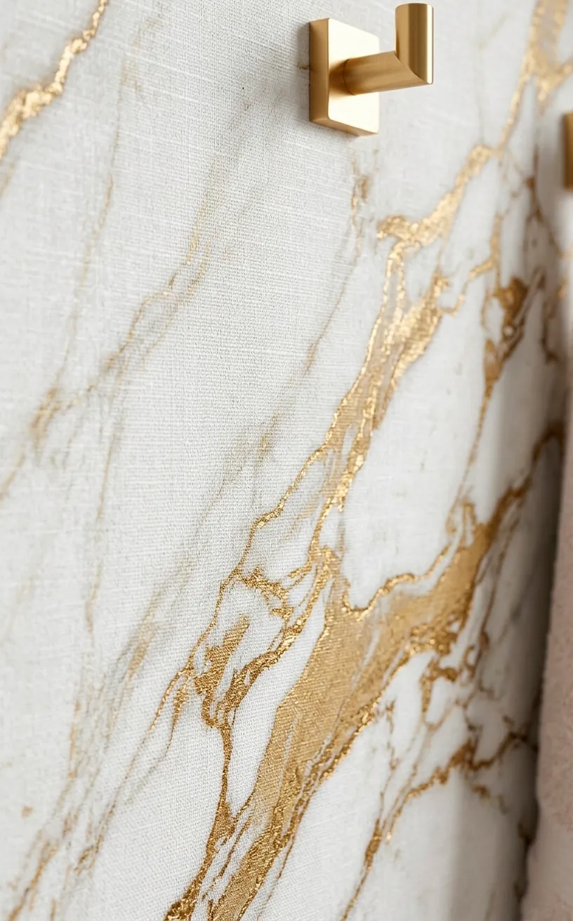Close-up of white and gold marble textured wallpaper with metallic accents.