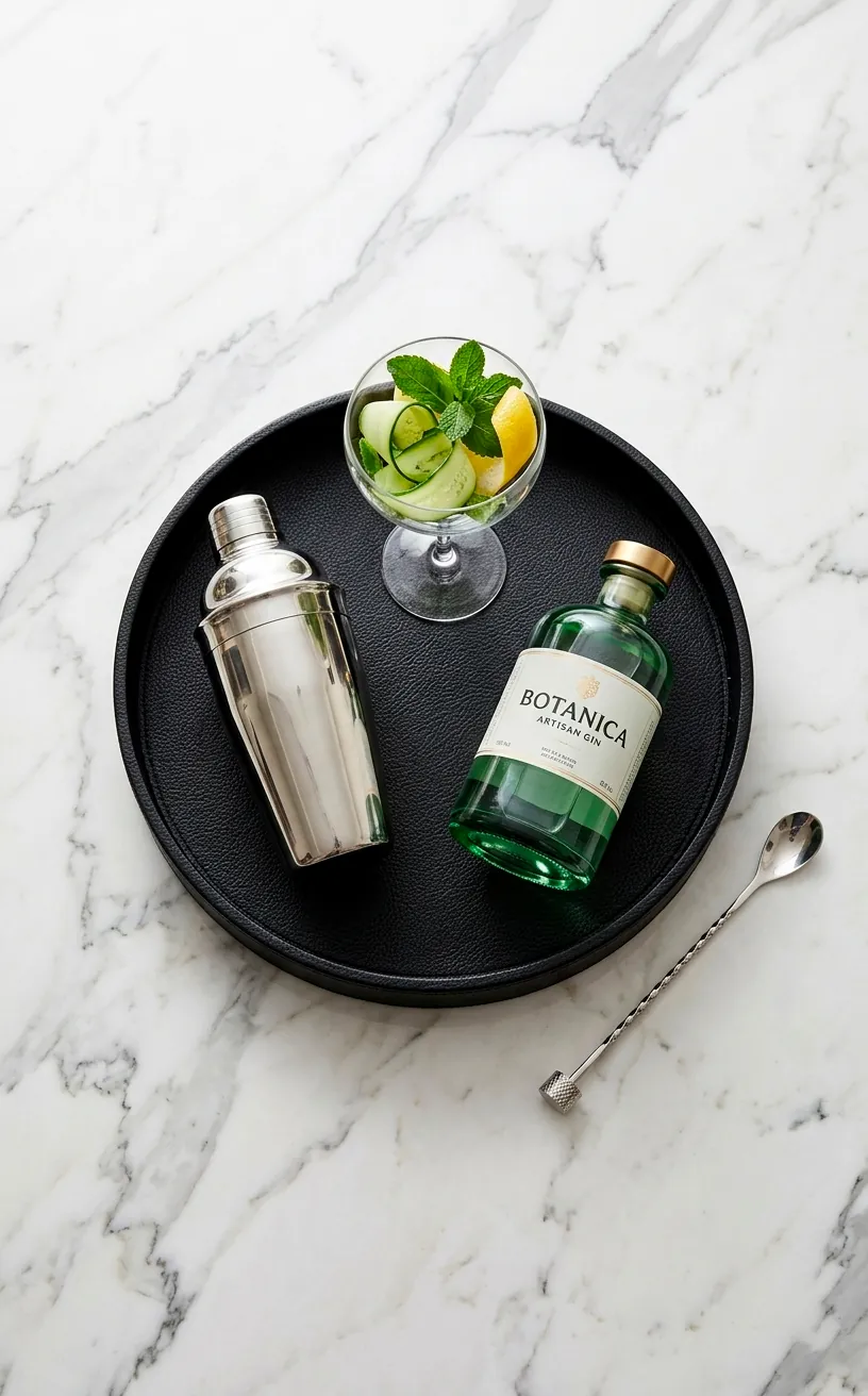 Black leather styling tray holding a silver shaker and gin bottle on a marble surface.