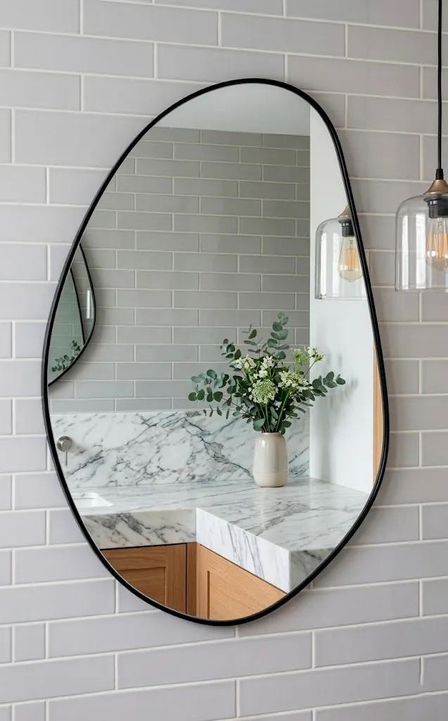 Modern bathroom with a large asymmetrical amoeba-shaped mirror reflecting a marble vanity.