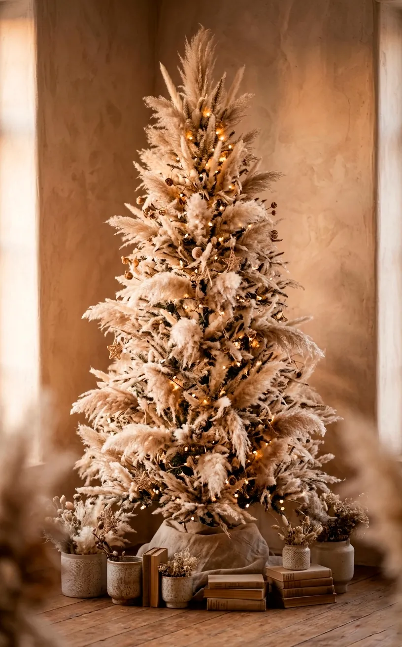 Christmas tree styled with dried pampas grass for a soft organic look.