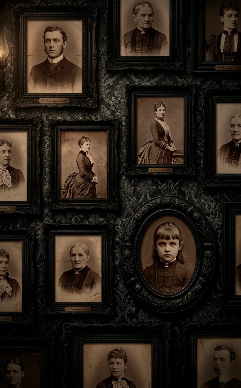 Victorian portrait gallery wall with glowing red eyes in one frame and ornate black frames.