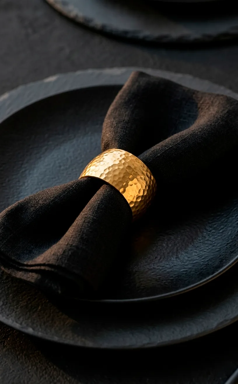 Black linen napkin with a hammered gold napkin ring.
