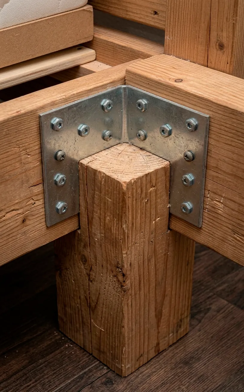 Strong 4x4 timber leg attached securely to a handmade wooden platform bed frame base.