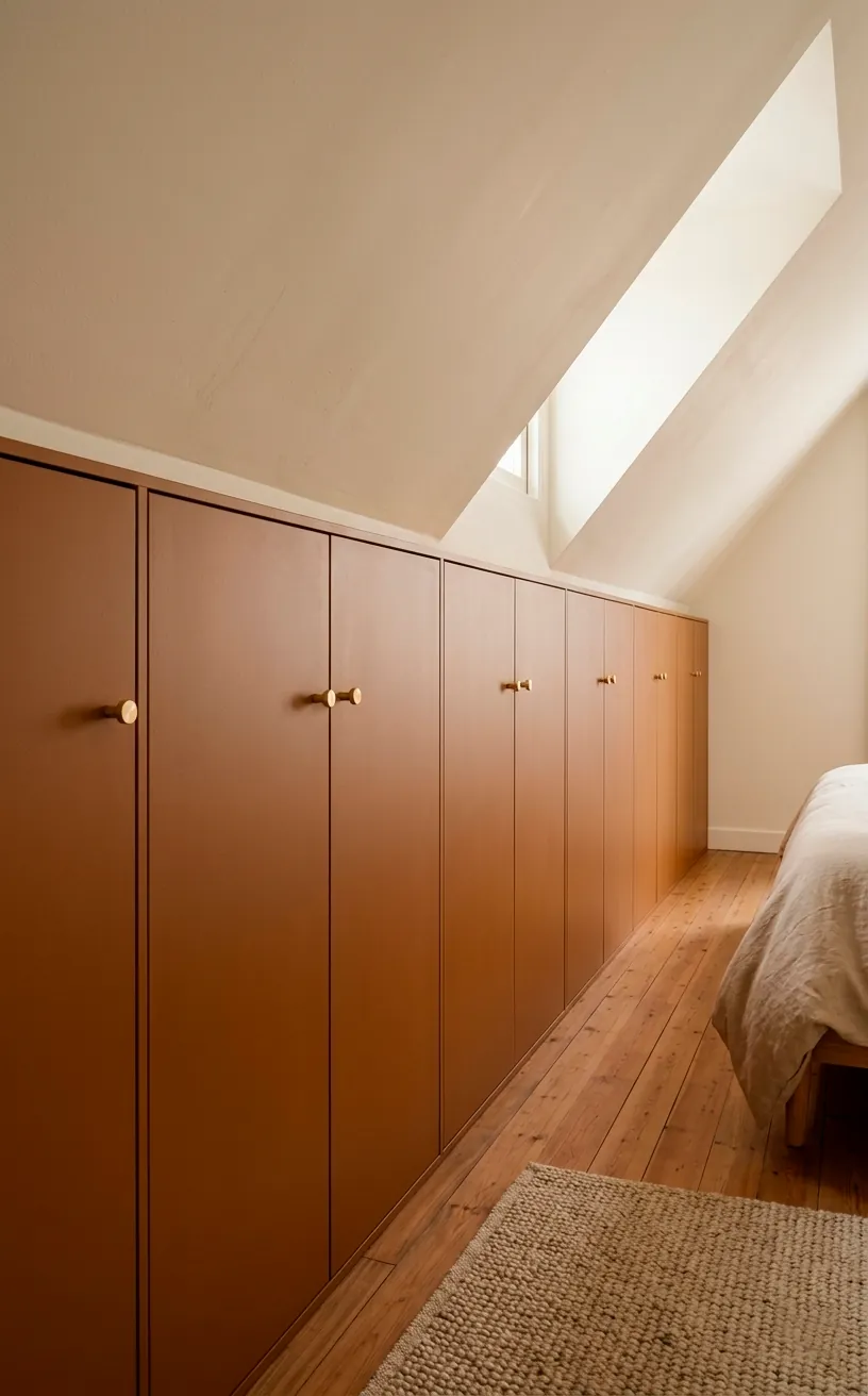 Custom built-in knee wall cabinets painted gingerbread brown in an attic bedroom.