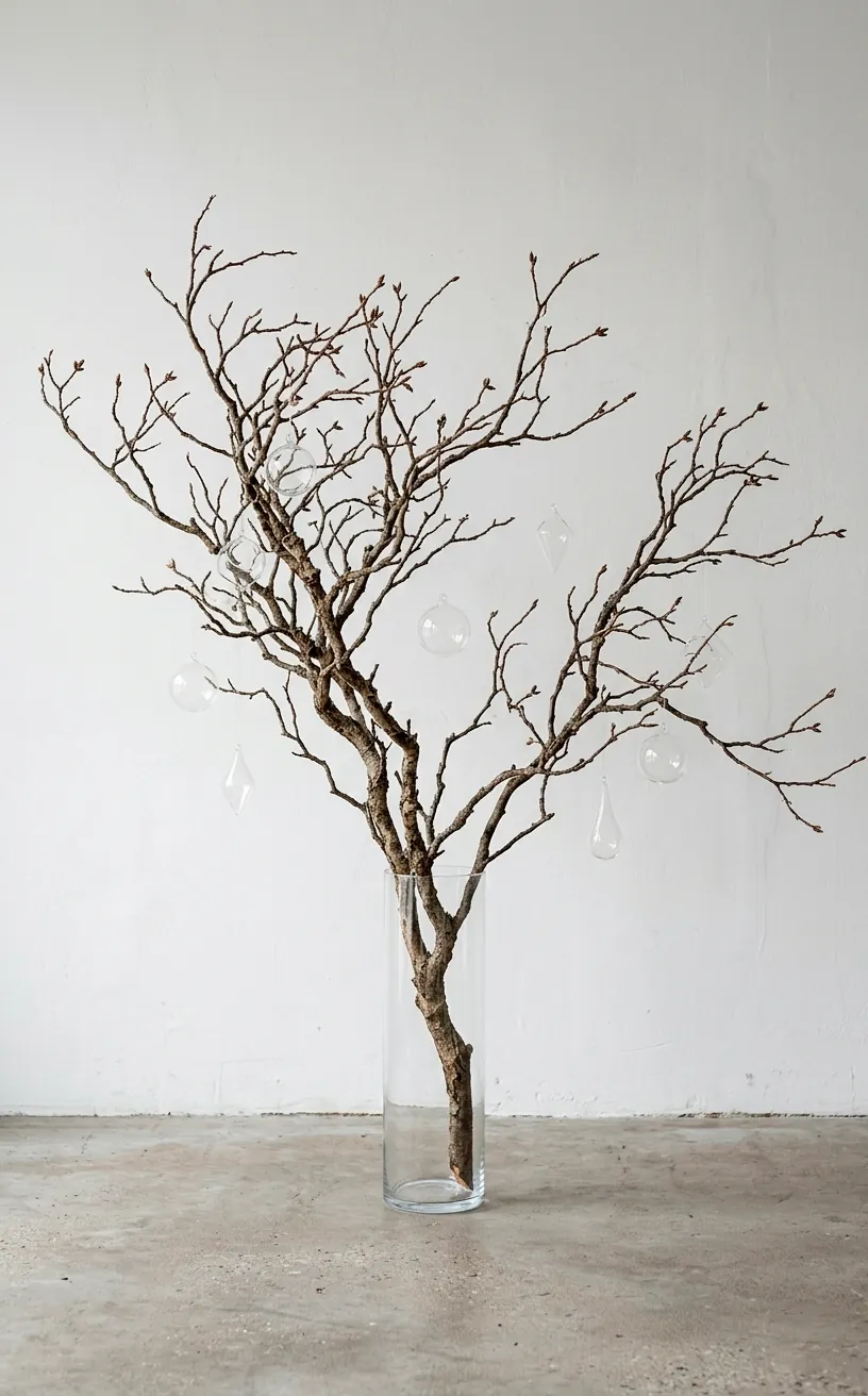 Minimalist branch tree in a glass vase with clear ornaments.