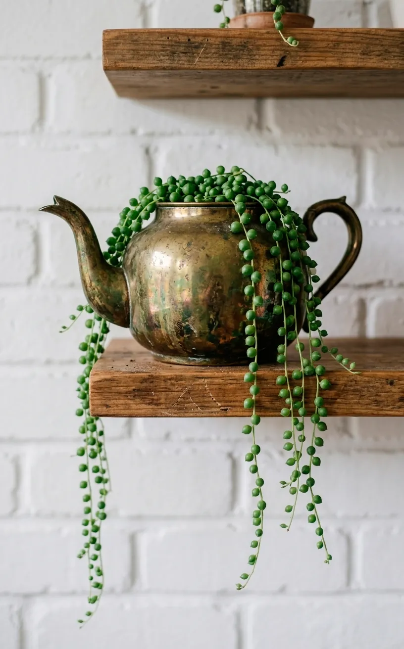 Vintage brass teapot used as a planter for a cascading String of Pearls plant on a wooden shelf.