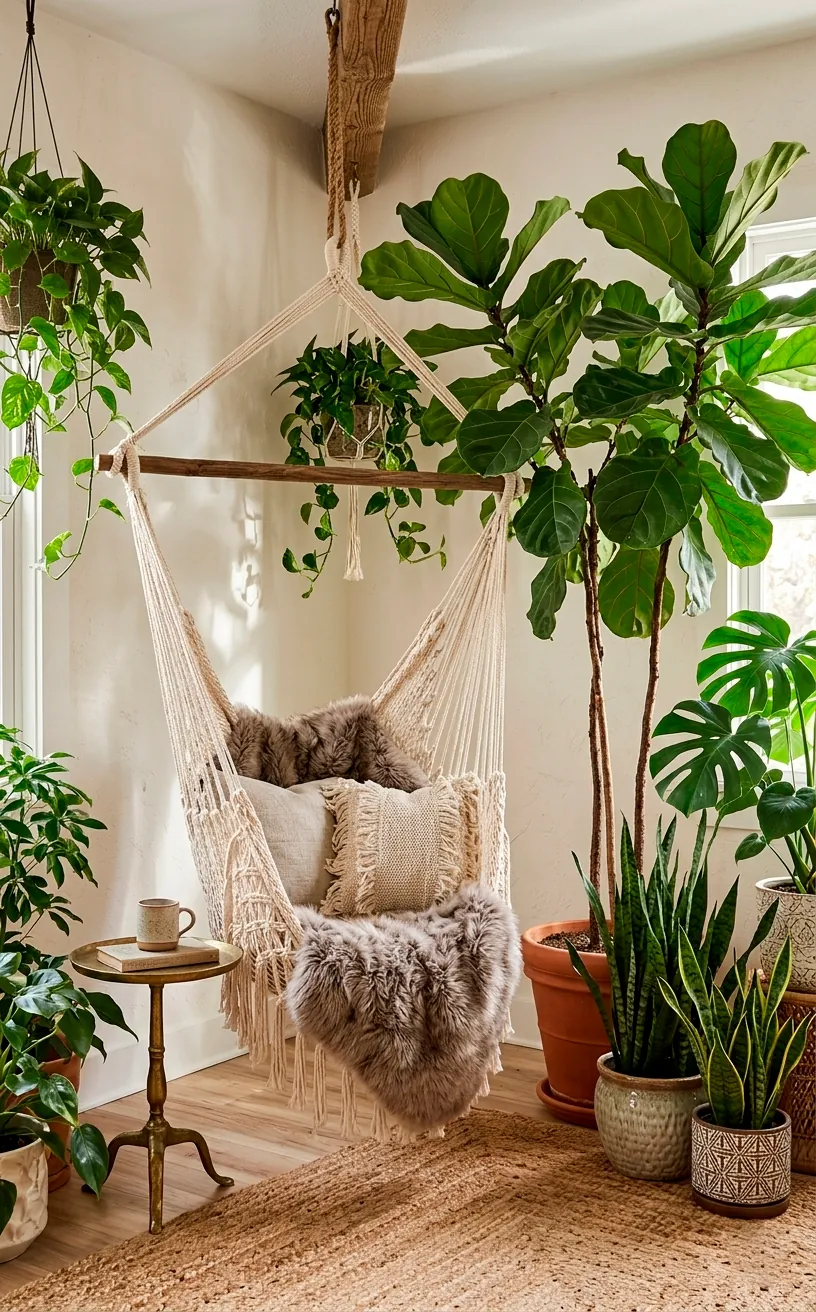 Macramé swing chair hanging in a plant-filled corner of a children's room.