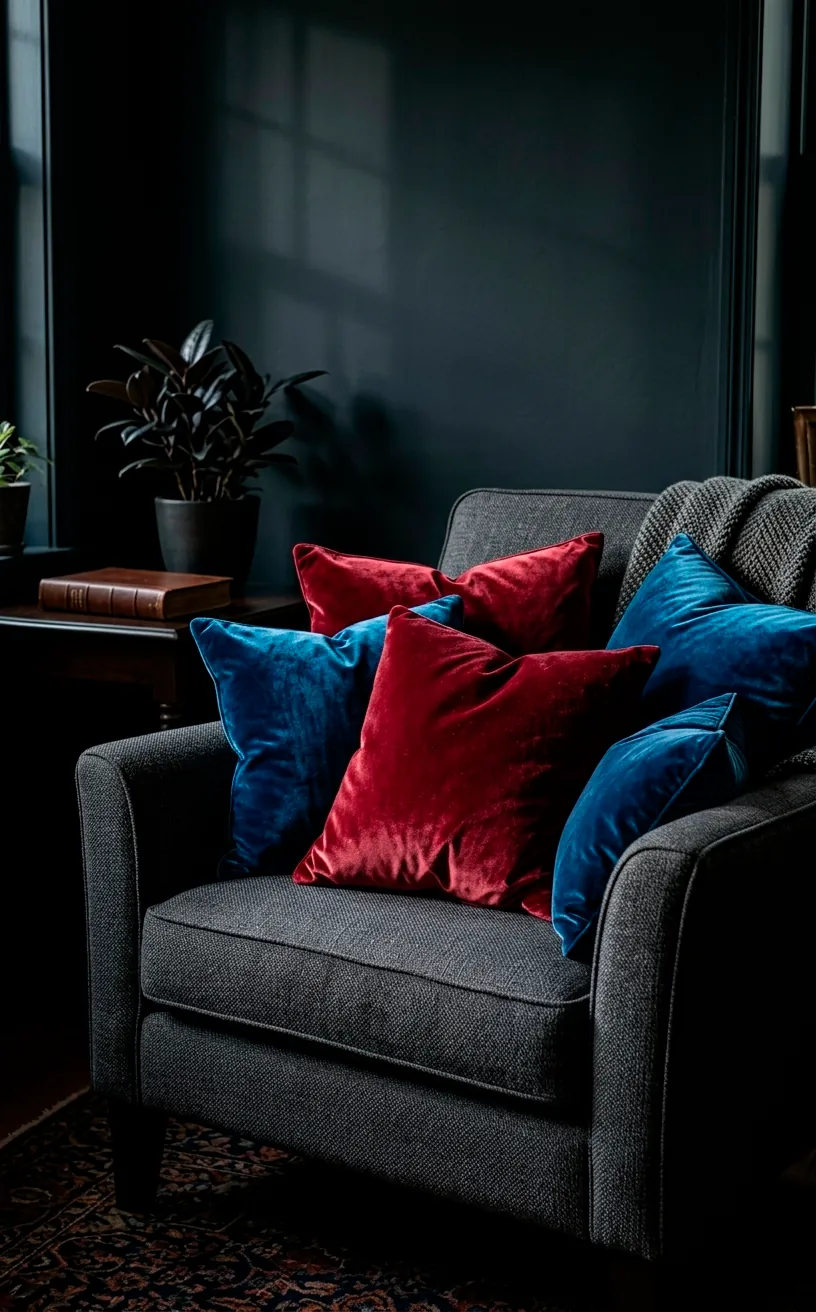 Sapphire and ruby velvet throw pillows arranged on a dark armchair in a sunroom.