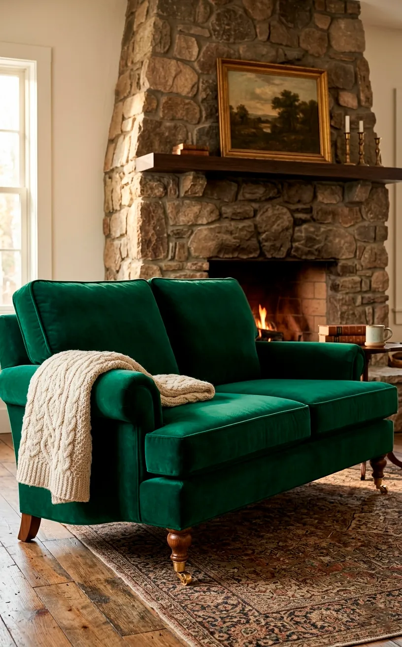 English roll arm emerald green velvet sofa with brass castors in a cozy cottage setting.