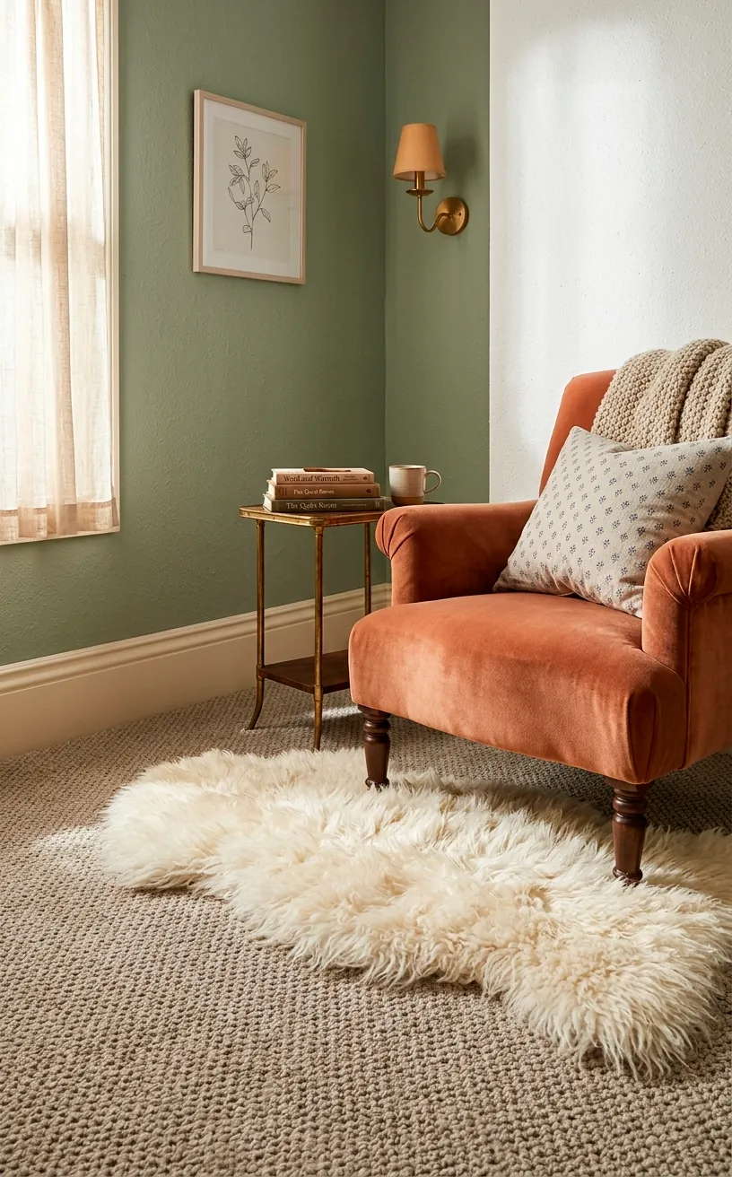 Fluffy flokati accent rug placed under the front legs of an armchair.
